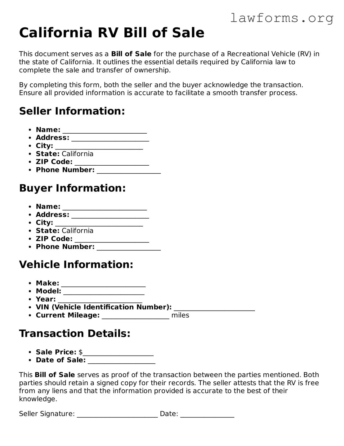 Attorney-Approved RV Bill of Sale Template for the State of California