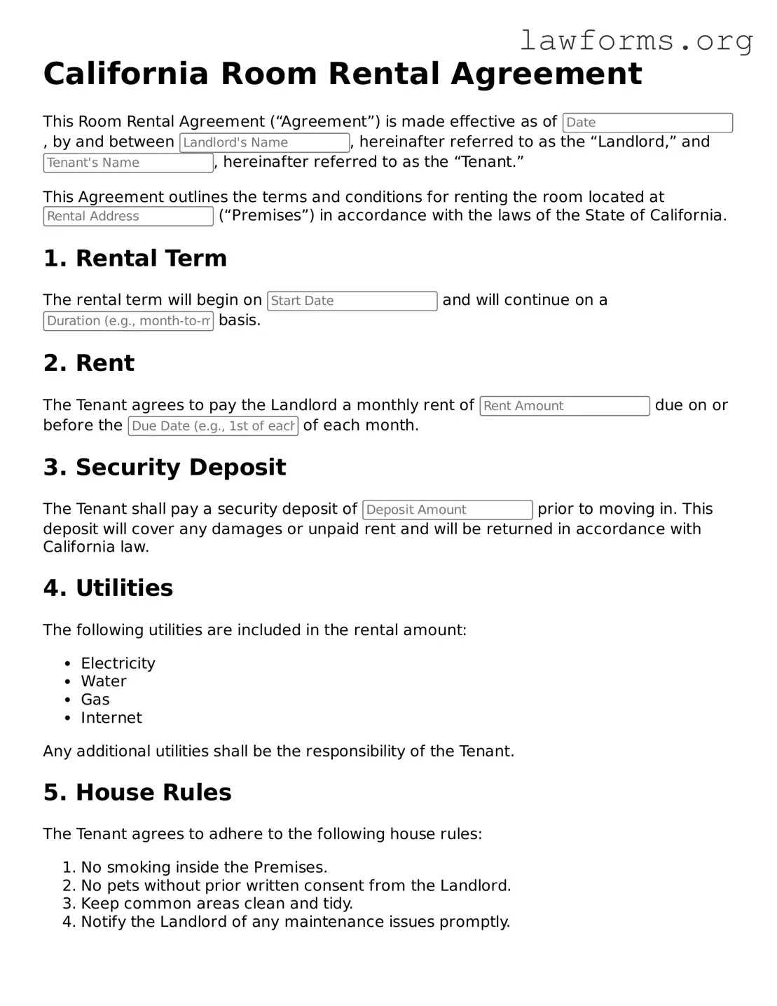 Attorney-Approved Room Rental Agreement Template for the State of California