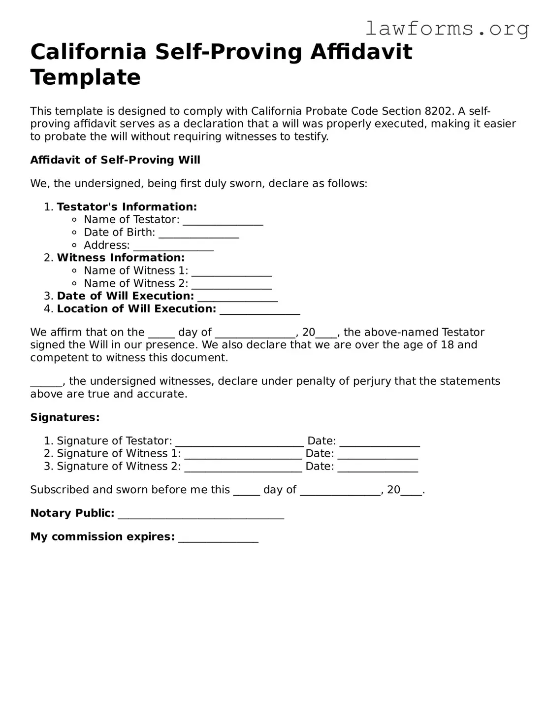 Attorney-Approved Self-Proving Affidavit Template for the State of California