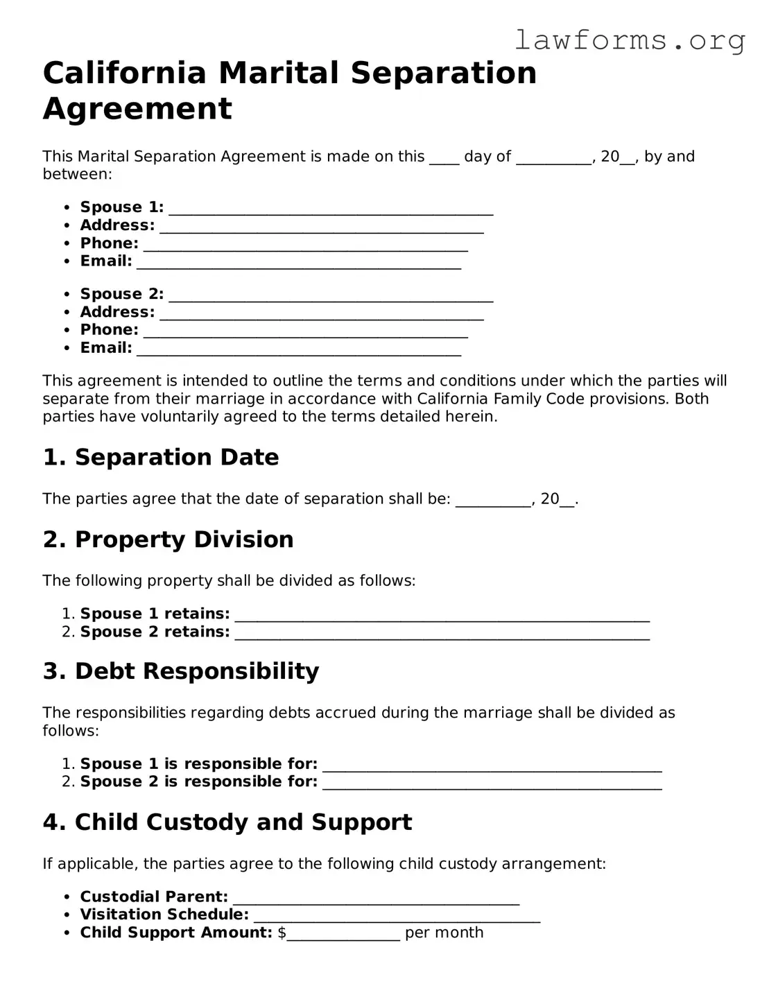 Attorney-Approved Marital Separation Agreement Template for the State of California
