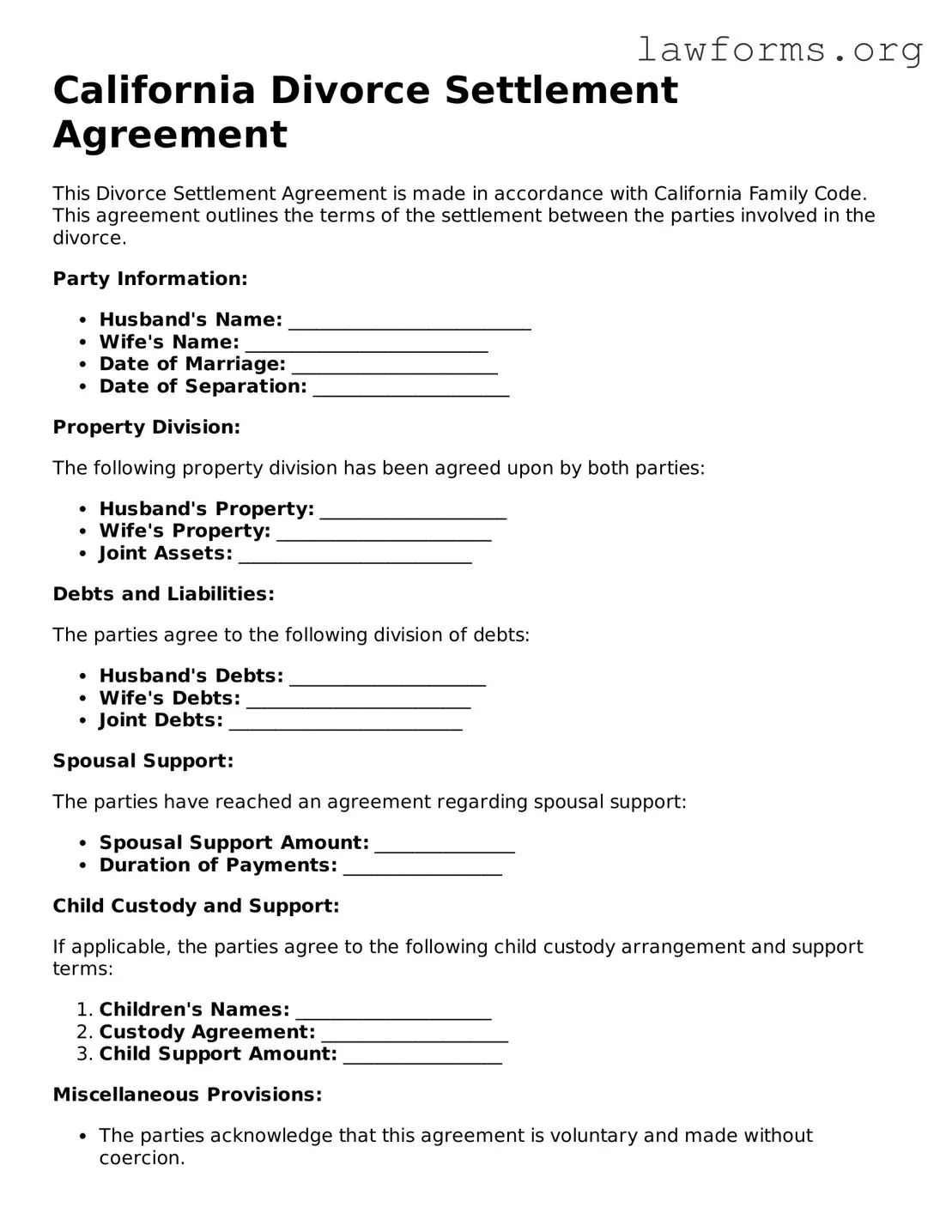 Attorney-Approved Divorce Settlement Agreement Template for the State of California
