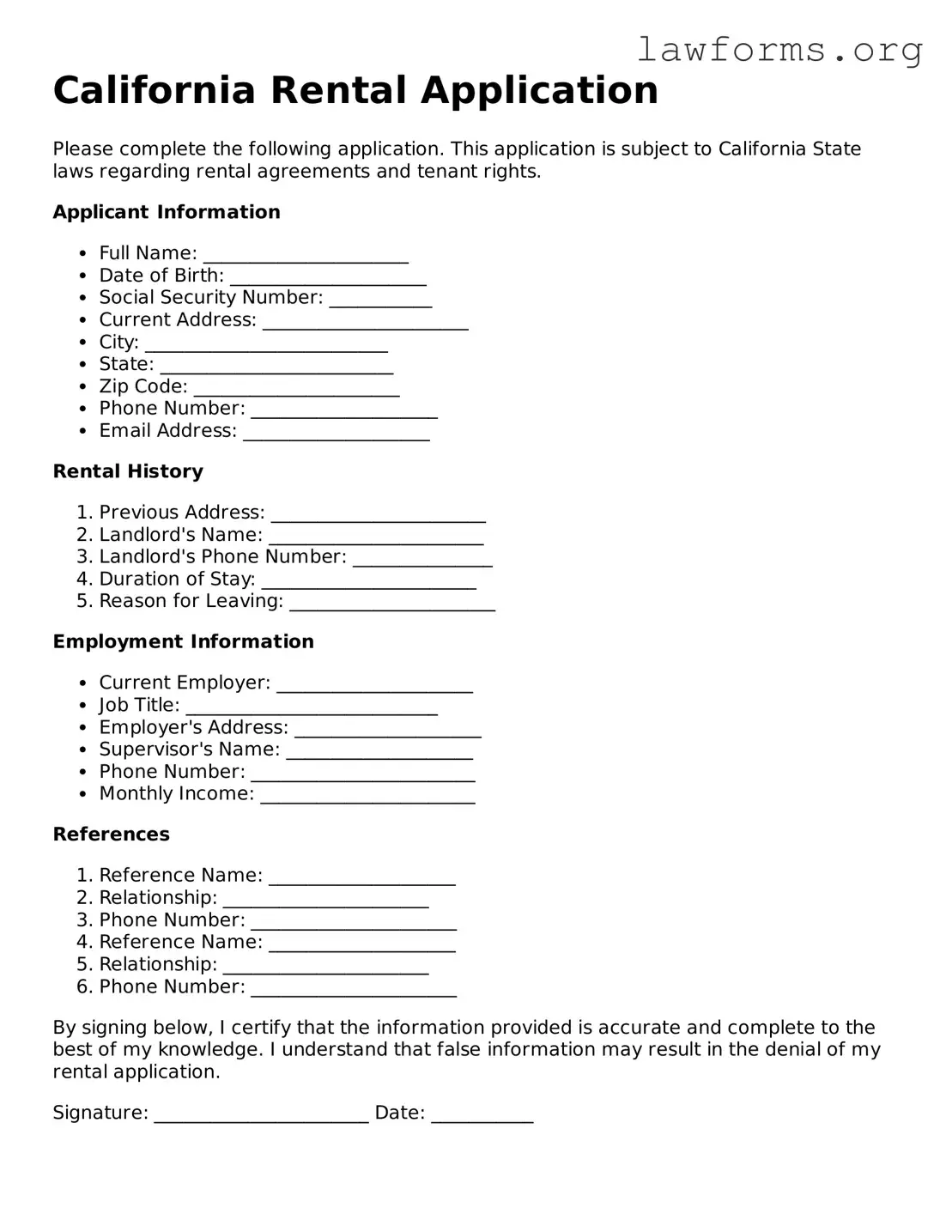 Attorney-Approved Rental Application Template for the State of California