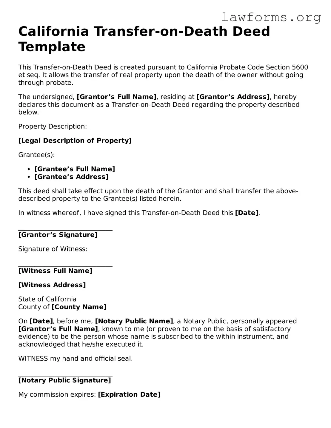 Attorney-Approved Transfer-on-Death Deed Template for the State of California