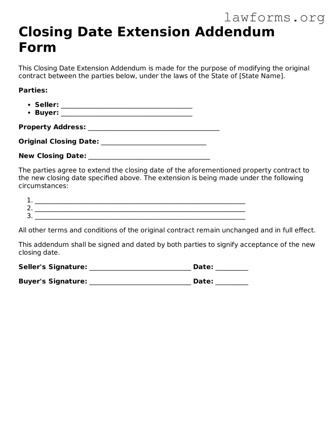 Valid Closing Date Extension Addendum Form Form