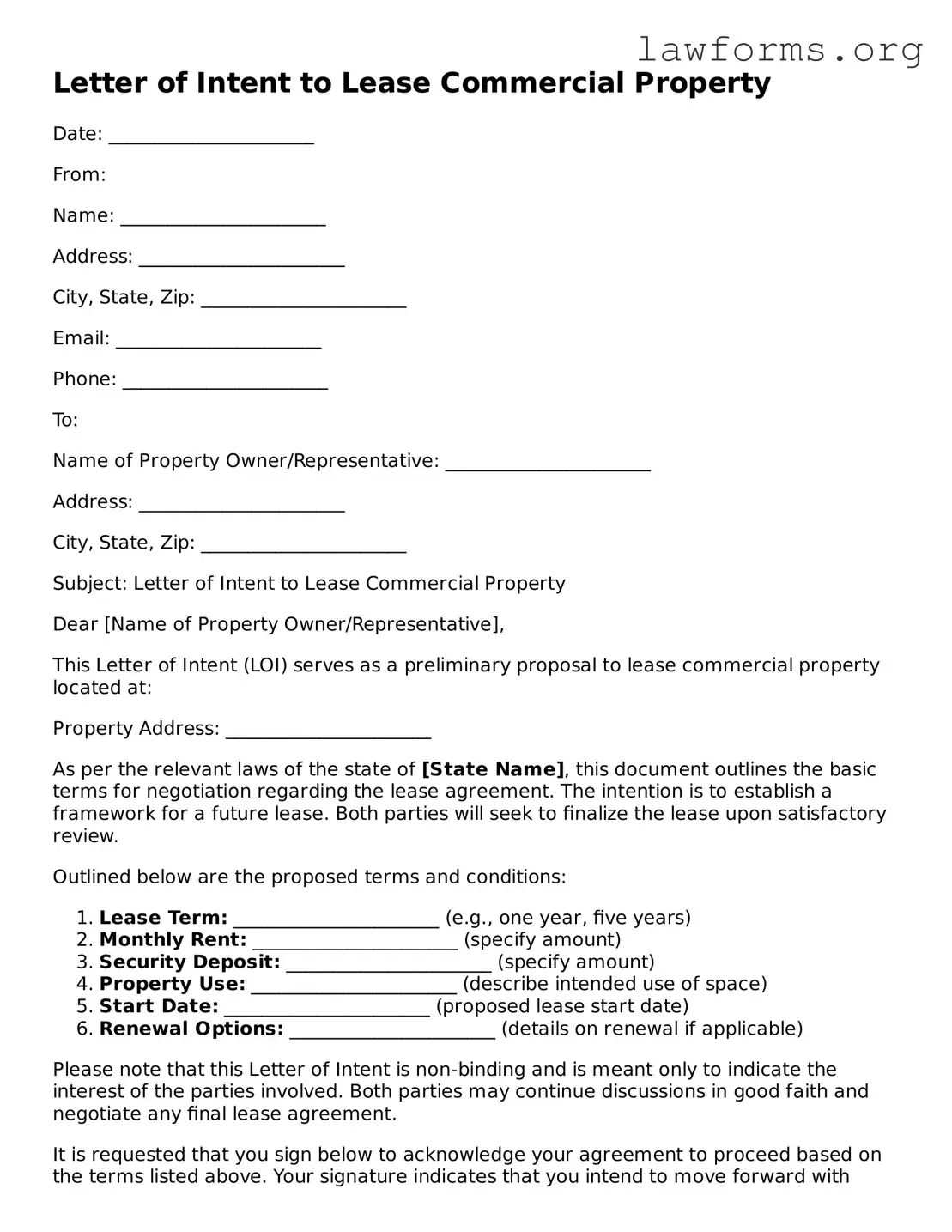Valid Letter of Intent to Lease Commercial Property Form