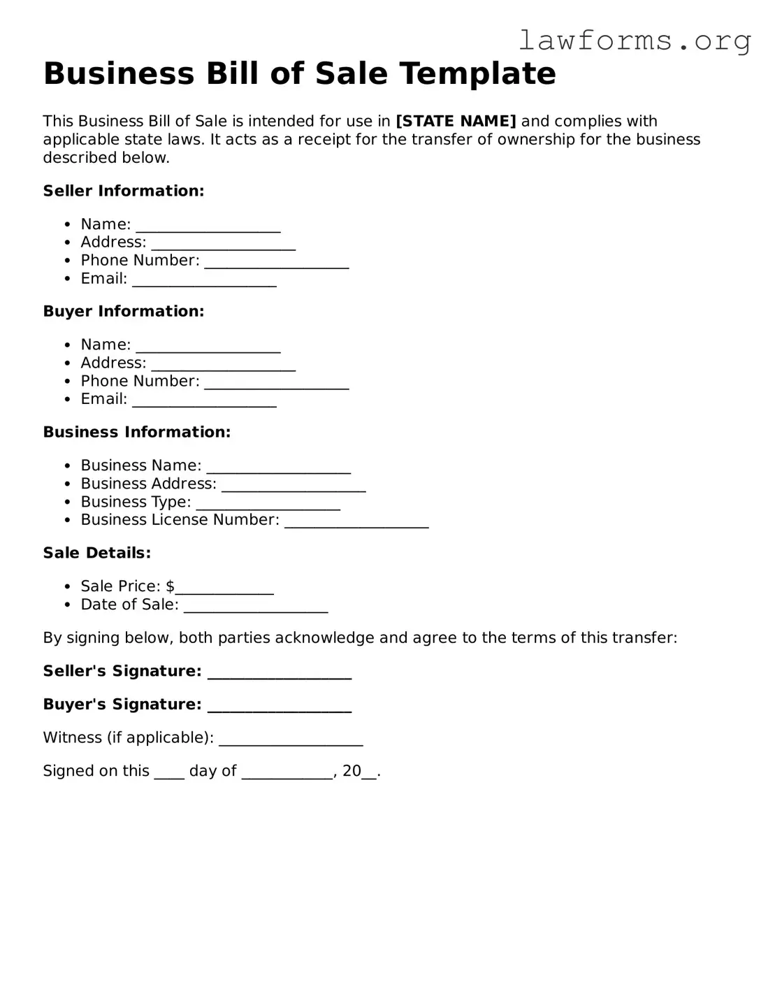 Valid Business Bill of Sale Form
