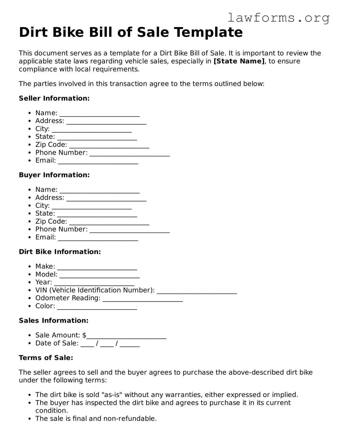Valid Dirt Bike Bill of Sale Form