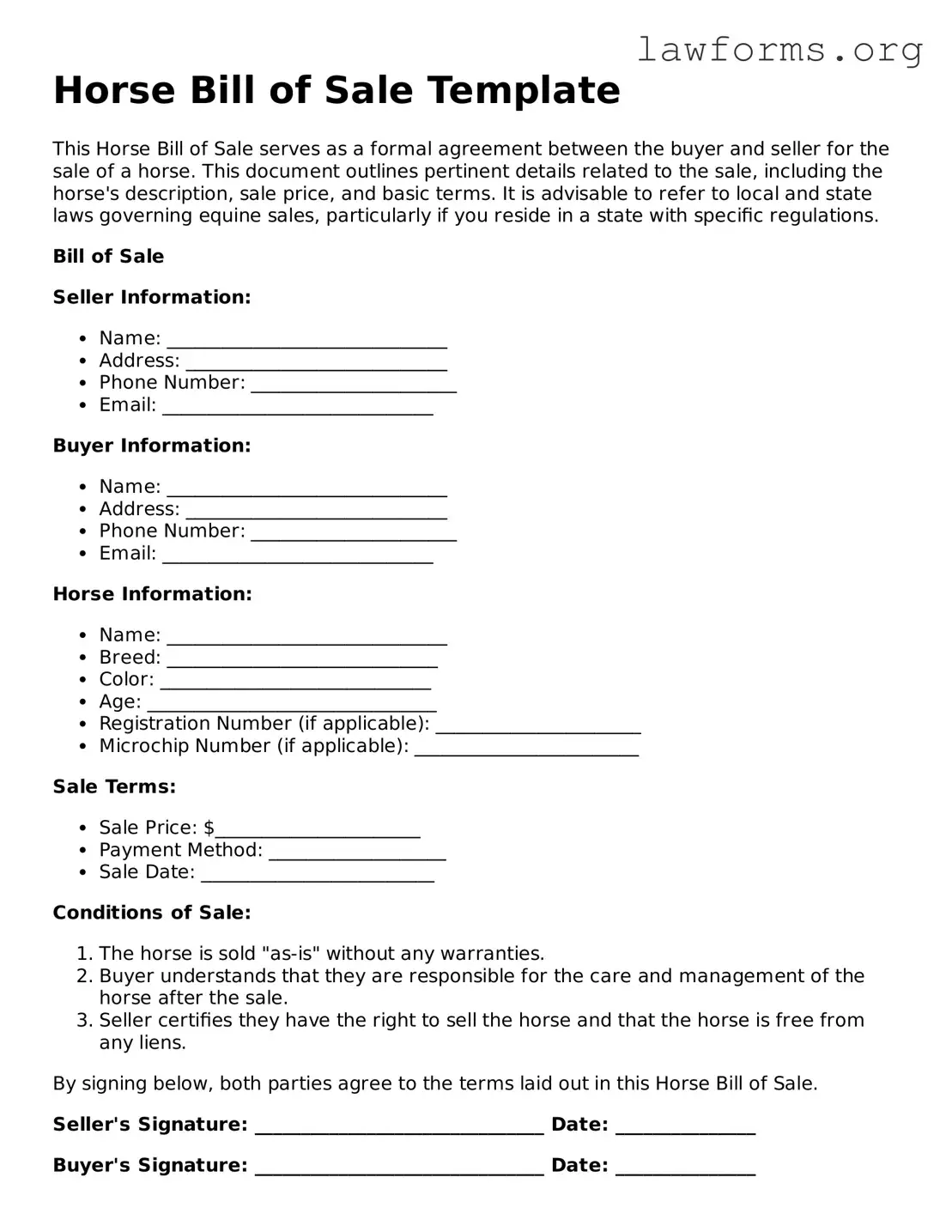 Valid Horse Bill of Sale Form
