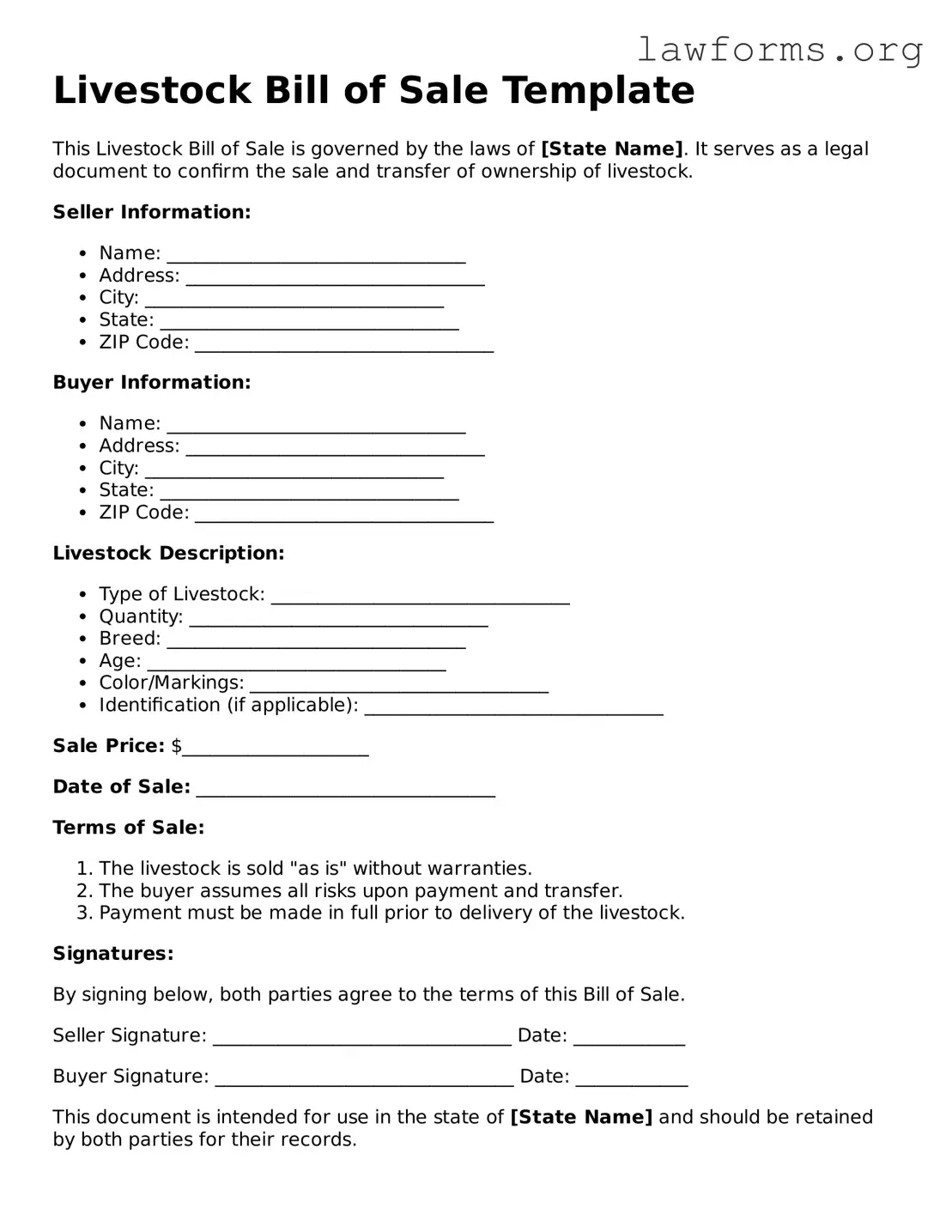 Valid Livestock Bill of Sale Form