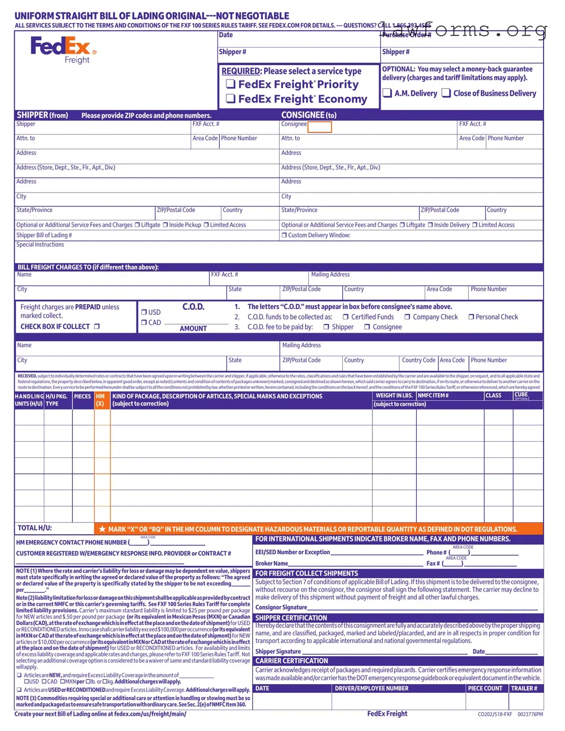 Fill Out a Valid Fedex Bill Of Lading Template