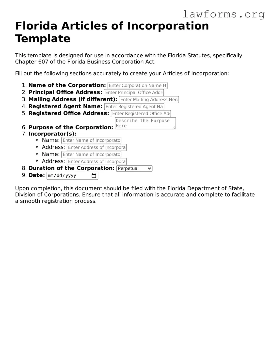 Attorney-Approved Articles of Incorporation Template for the State of Florida