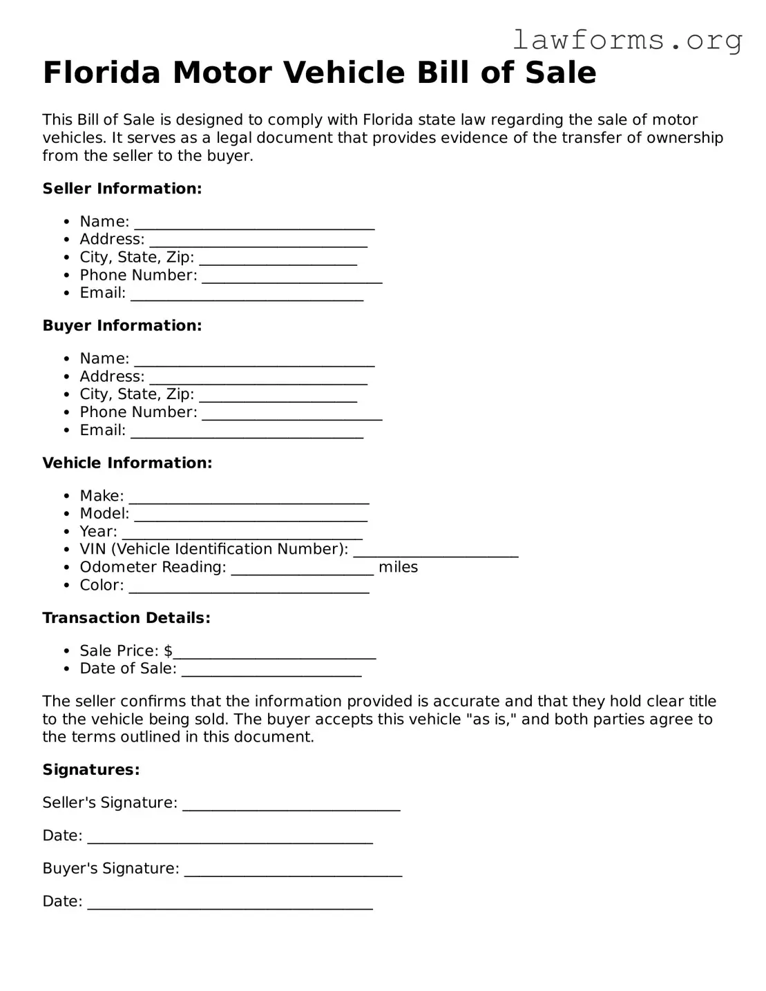 Attorney-Approved Motor Vehicle Bill of Sale Template for the State of Florida