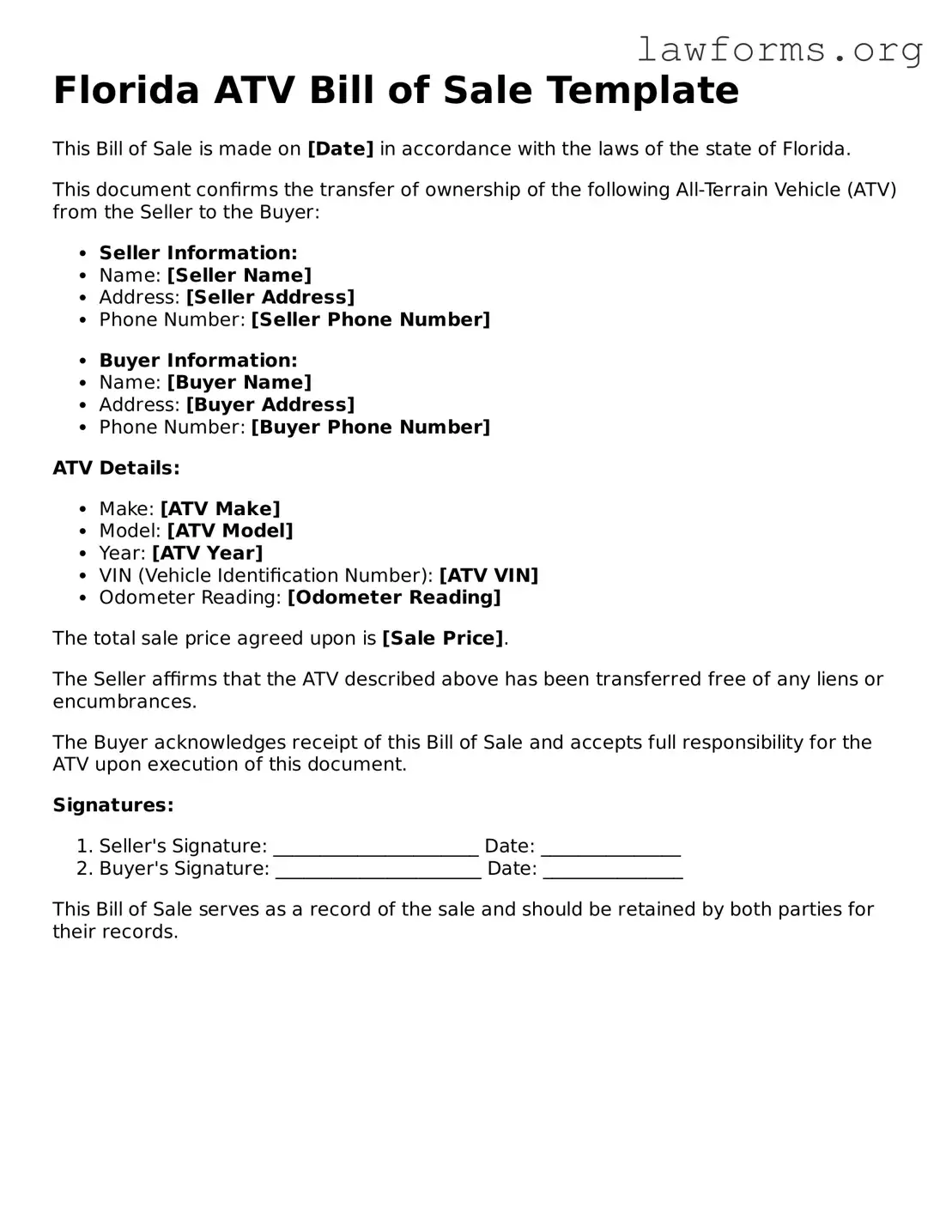 Attorney-Approved ATV Bill of Sale Template for the State of Florida