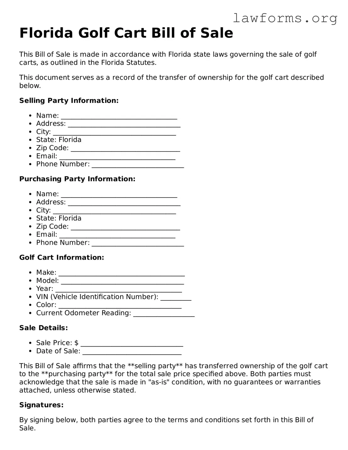 Attorney-Approved Golf Cart Bill of Sale Template for the State of Florida