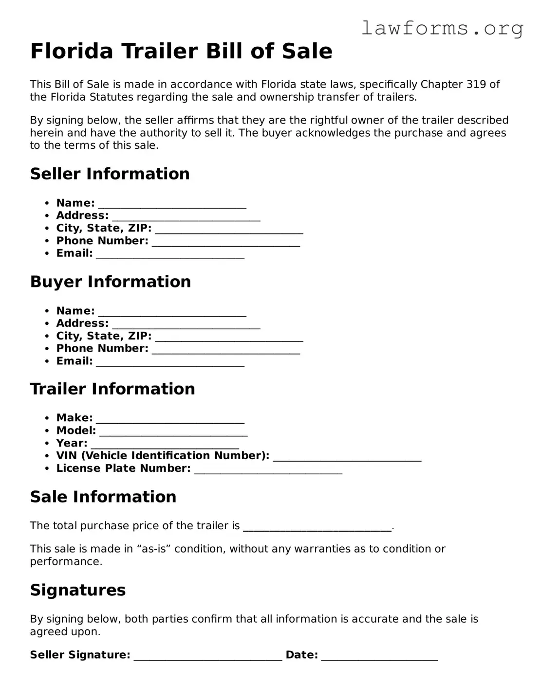 Attorney-Approved Trailer Bill of Sale Template for the State of Florida