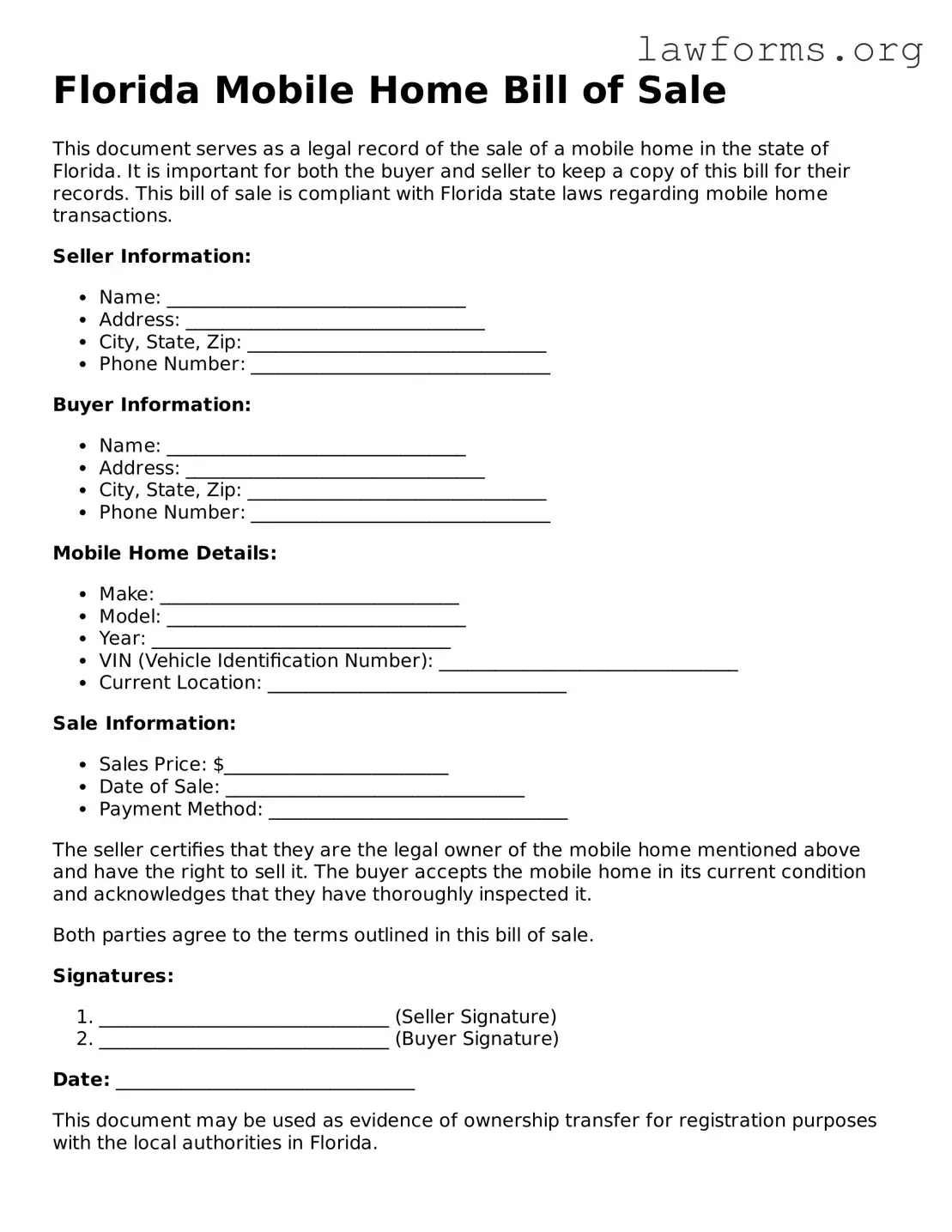Attorney-Approved Mobile Home Bill of Sale Template for the State of Florida
