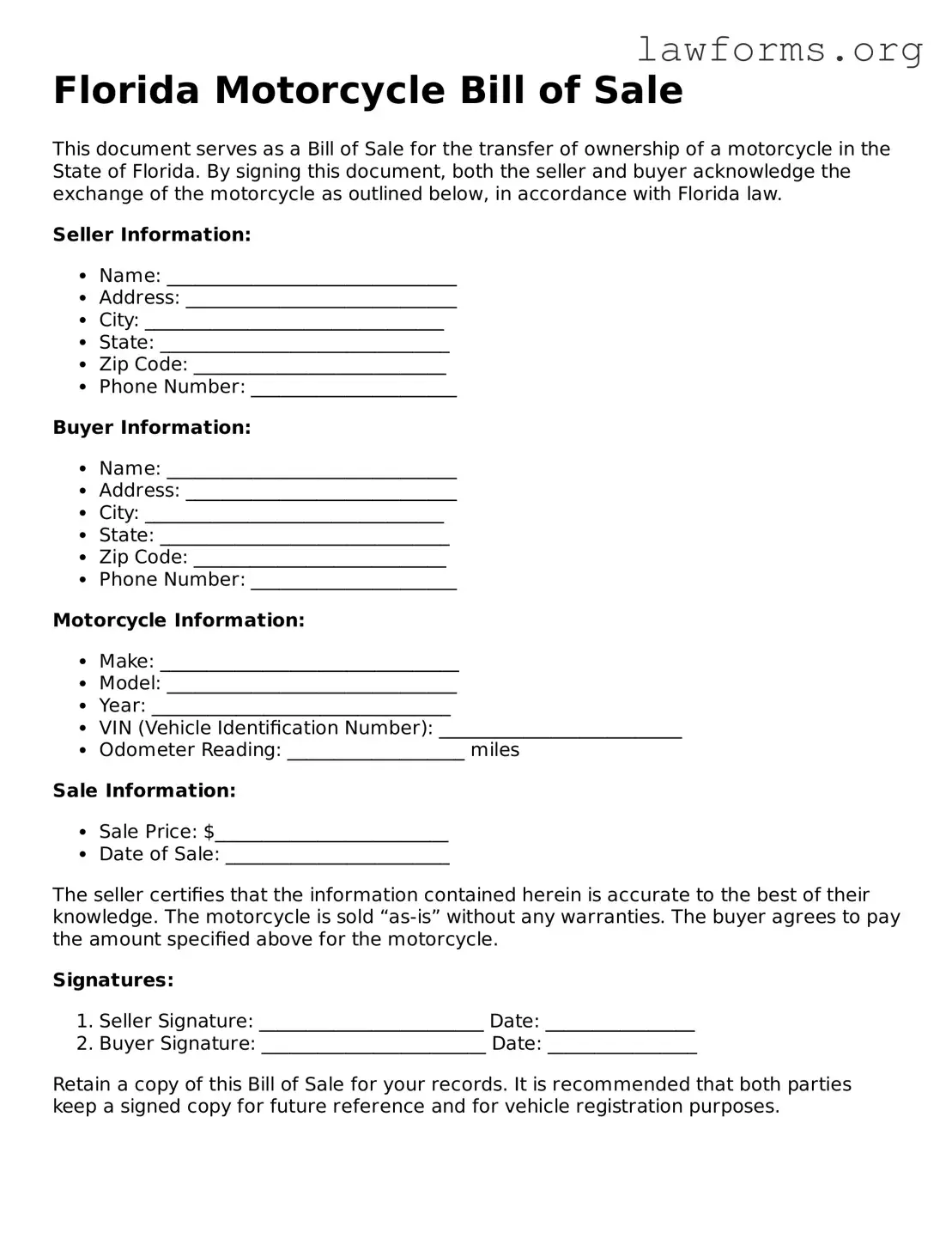 Attorney-Approved Motorcycle Bill of Sale Template for the State of Florida