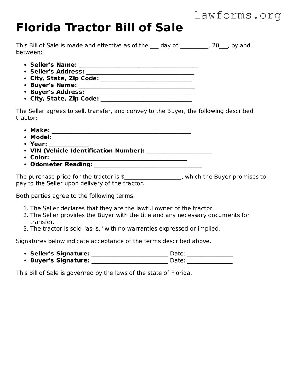 Attorney-Approved Tractor Bill of Sale Template for the State of Florida