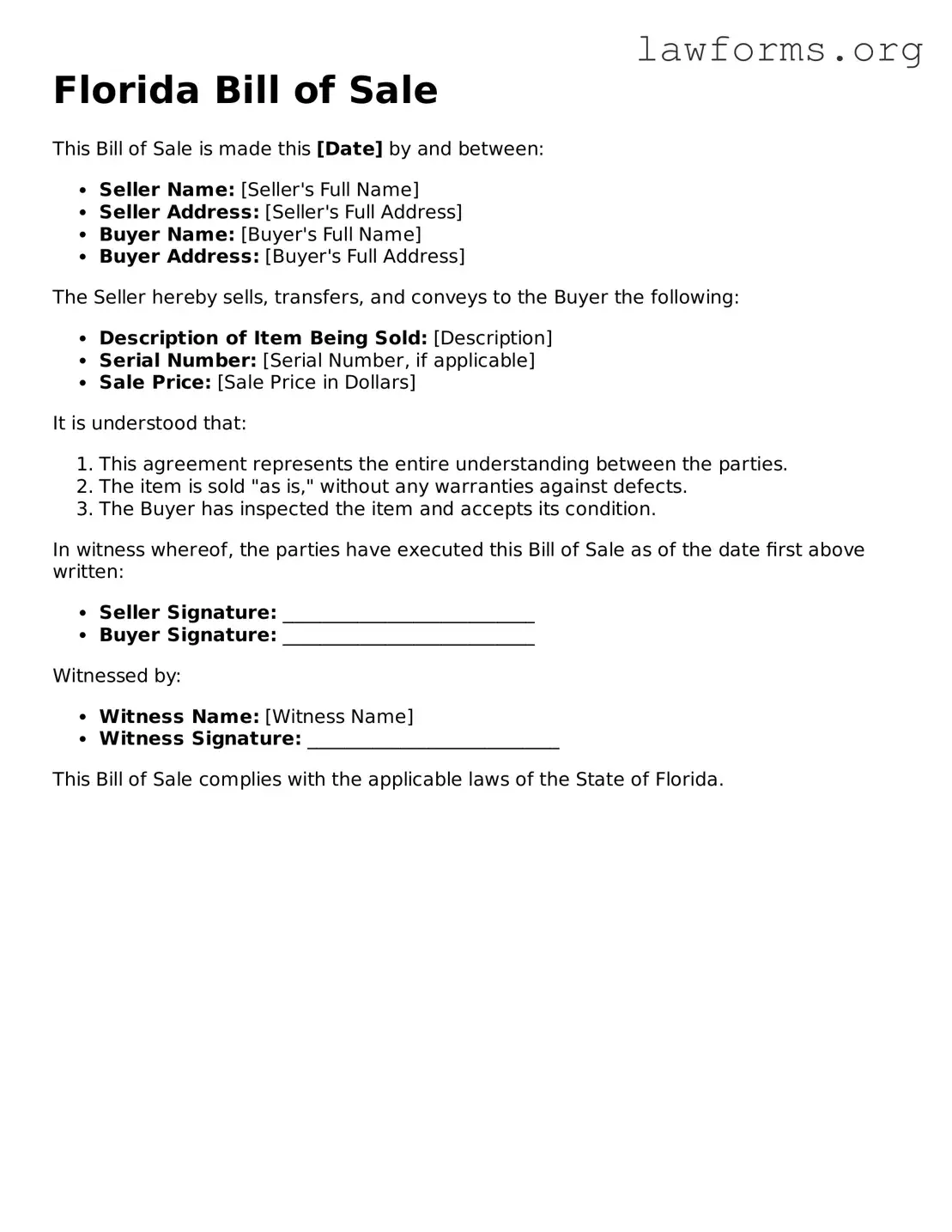 Attorney-Approved Bill of Sale Template for the State of Florida