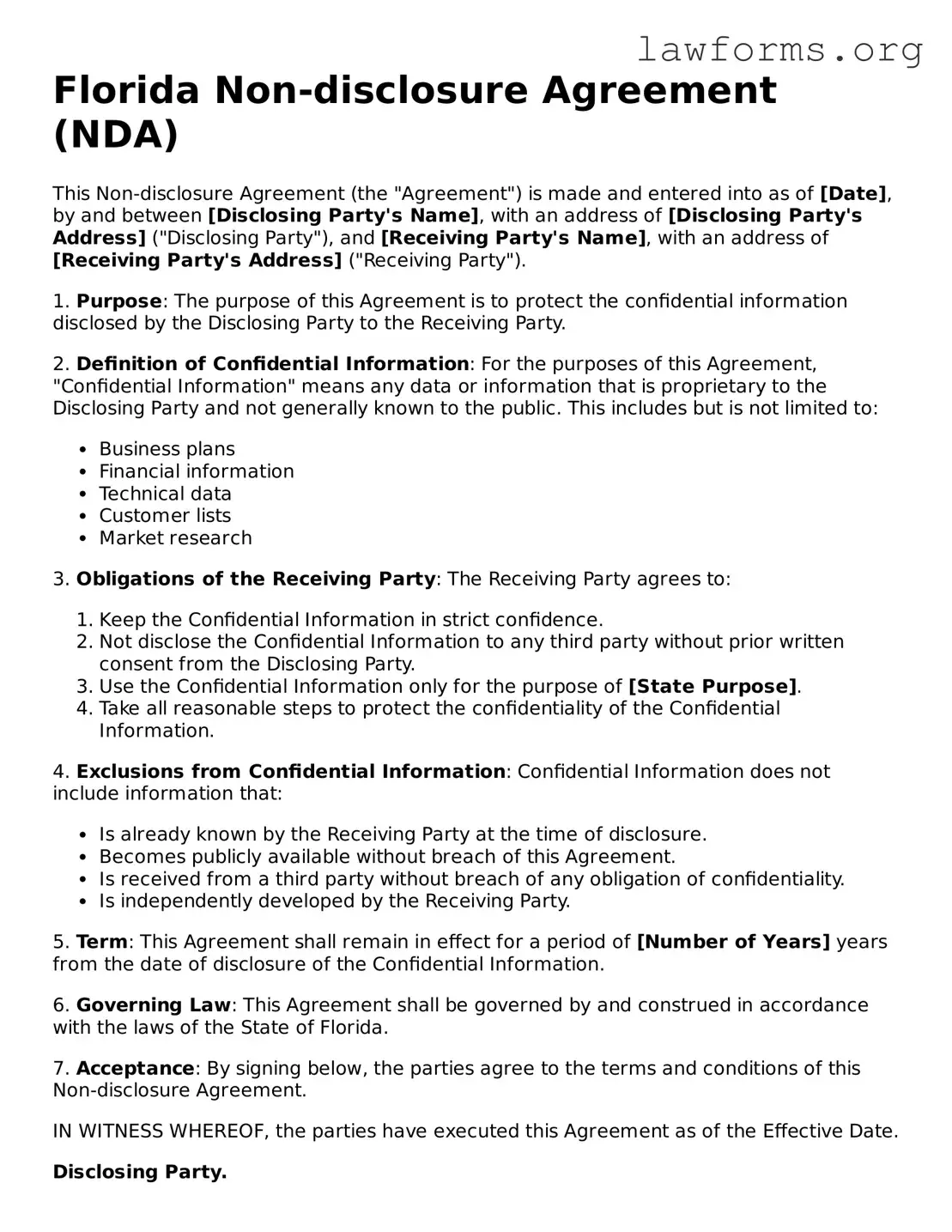 Attorney-Approved Non-disclosure Agreement Template for the State of Florida