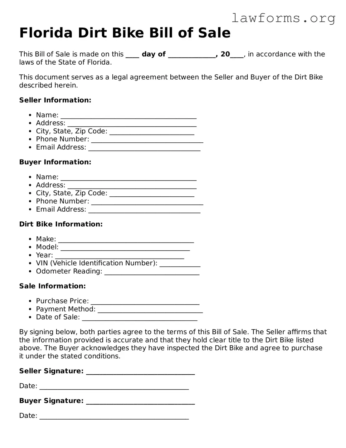 Attorney-Approved Dirt Bike Bill of Sale Template for the State of Florida