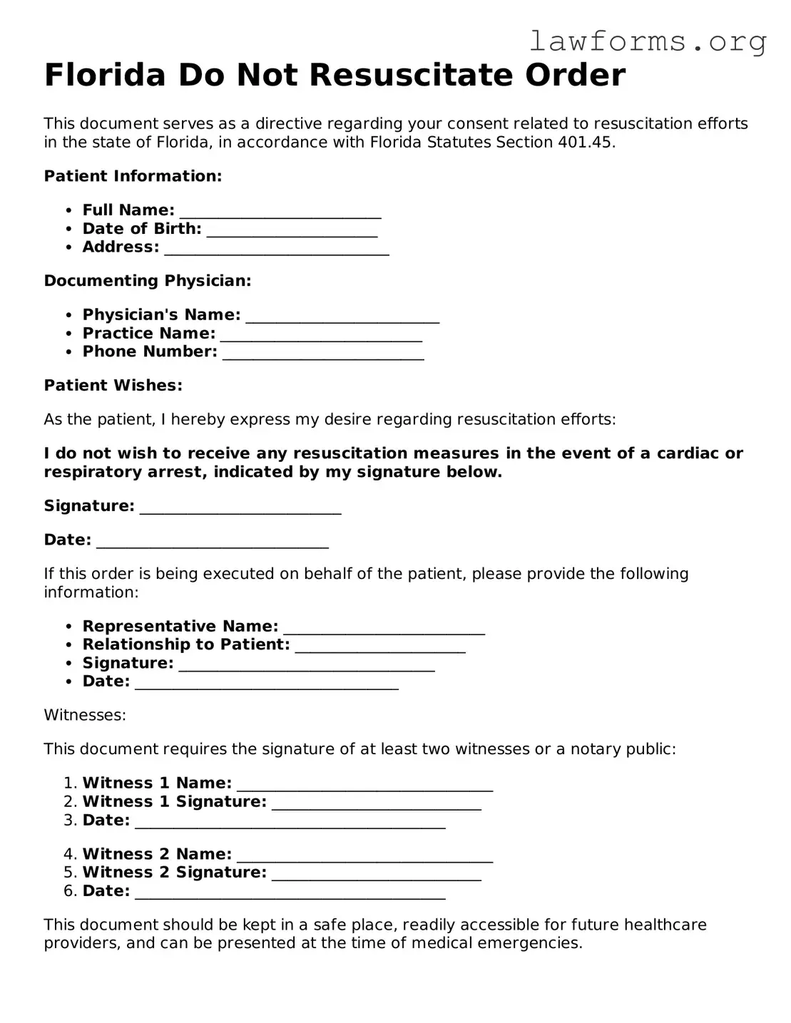 Attorney-Approved Do Not Resuscitate Order Template for the State of Florida