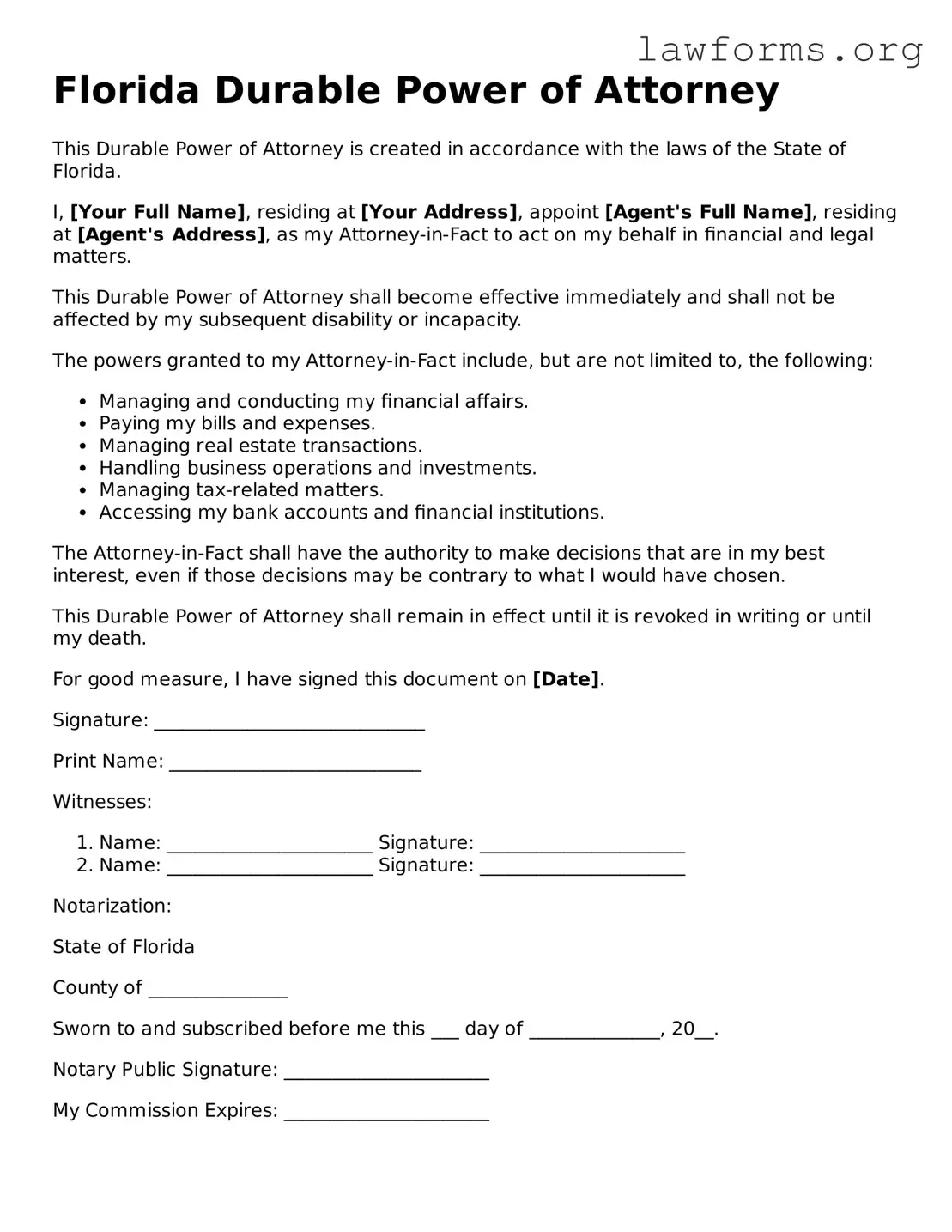 Attorney-Approved Durable Power of Attorney Template for the State of Florida