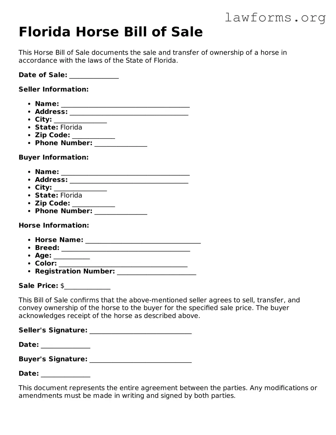 Attorney-Approved Horse Bill of Sale Template for the State of Florida