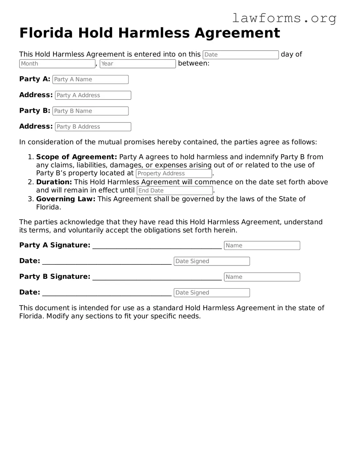 Attorney-Approved Hold Harmless Agreement Template for the State of Florida