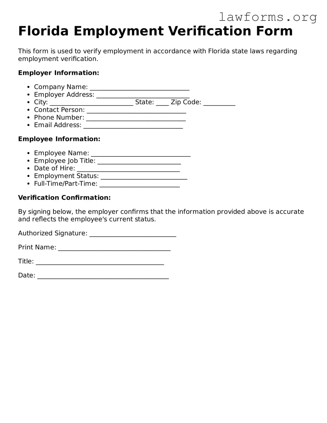 Attorney-Approved Employment Verification Template for the State of Florida