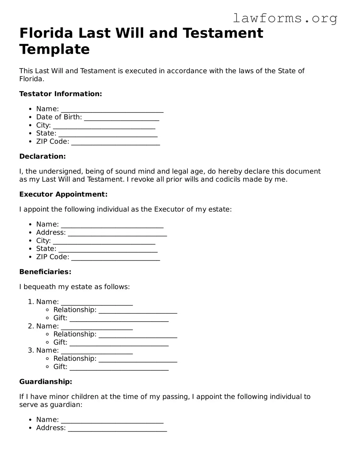 Free Florida Last Will And Testament Template Fillable PDF Form