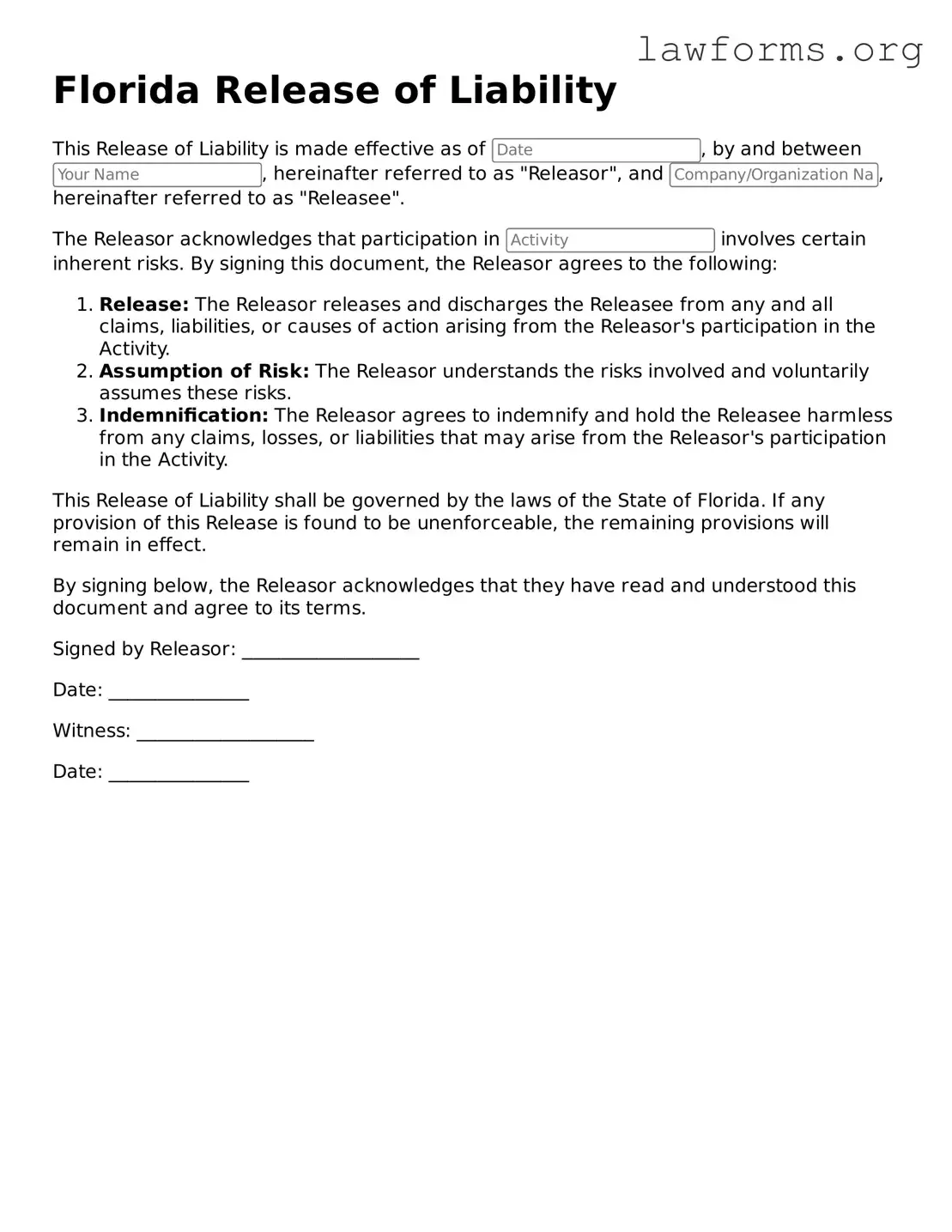 Attorney-Approved Release of Liability Template for the State of Florida