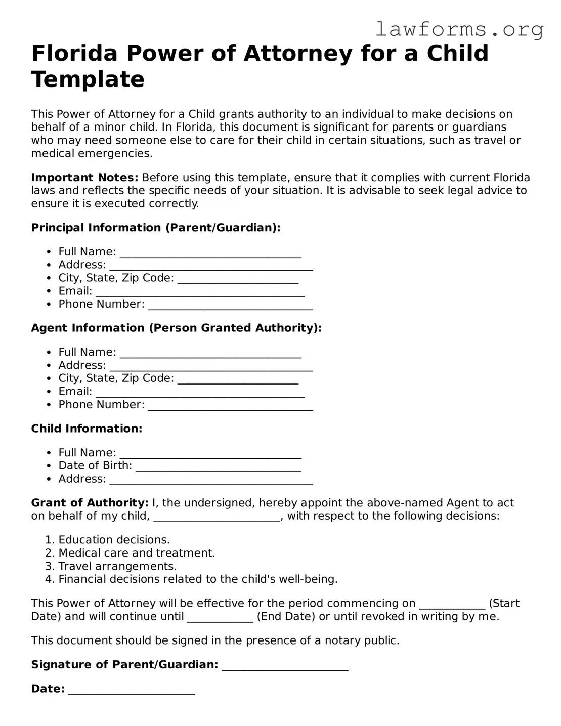 Attorney-Approved Power of Attorney for a Child Template for the State of Florida
