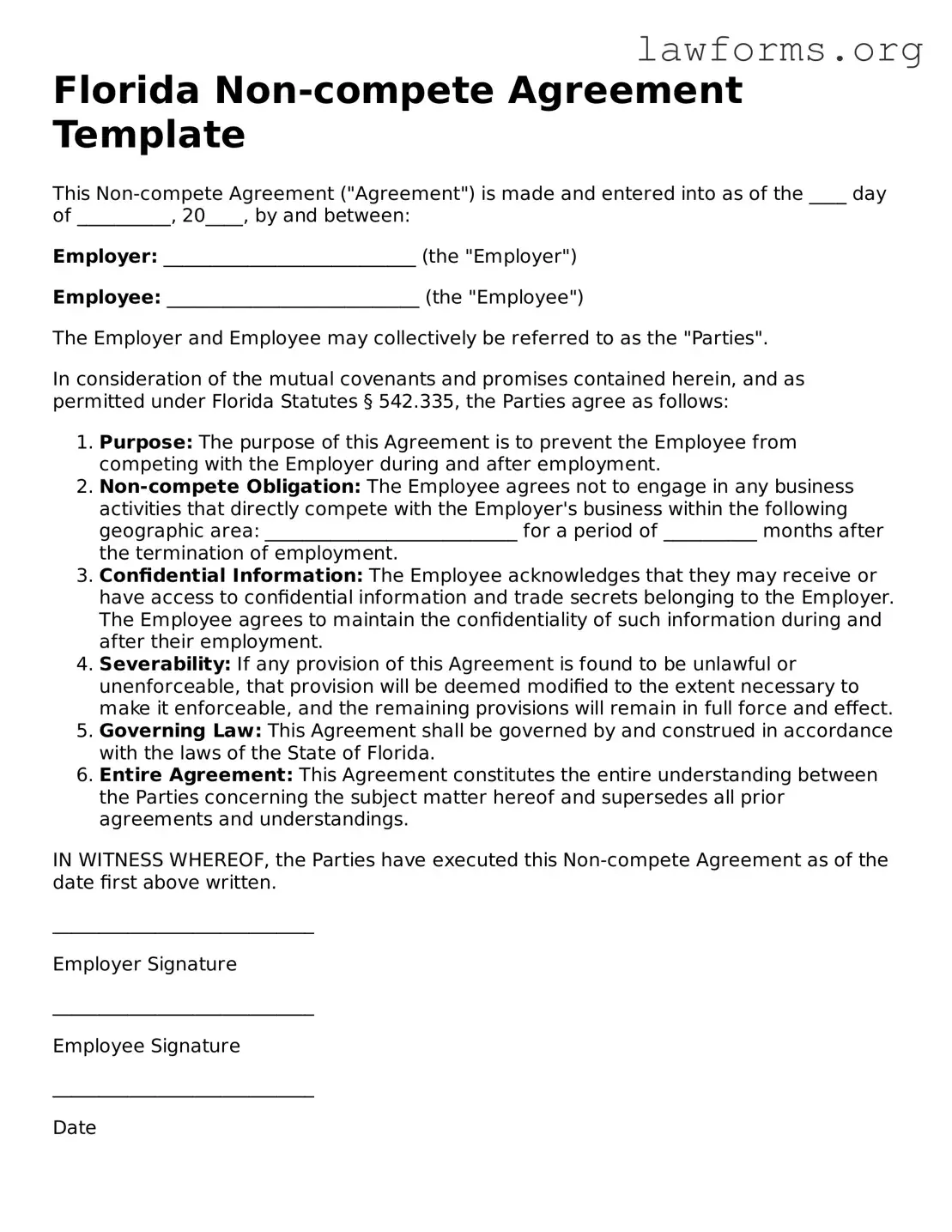 Attorney-Approved Non-compete Agreement Template for the State of Florida