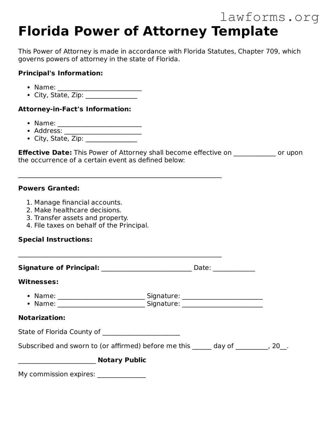 Attorney-Approved Power of Attorney Template for the State of Florida