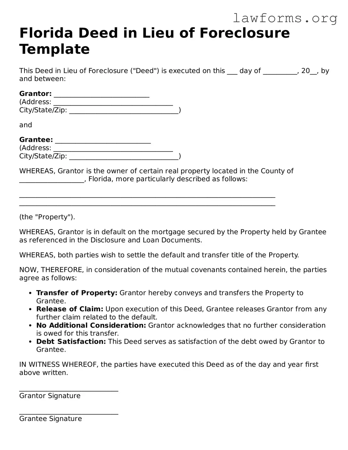 Attorney-Approved Deed in Lieu of Foreclosure Template for the State of Florida