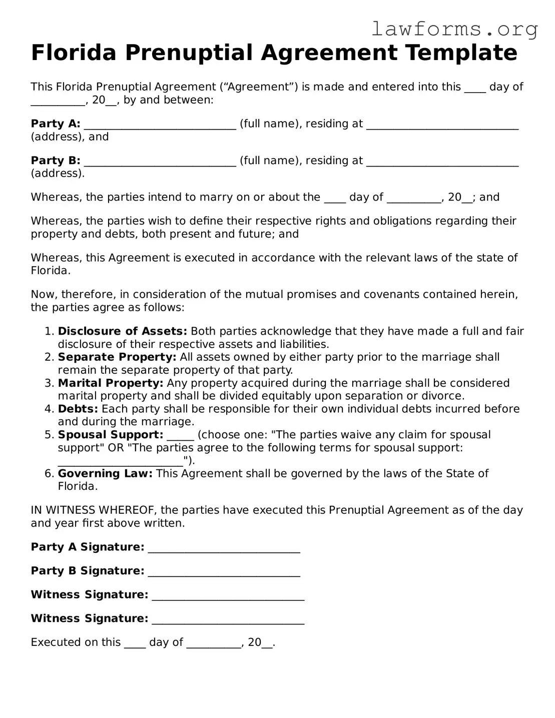 Attorney-Approved Prenuptial Agreement Template for the State of Florida