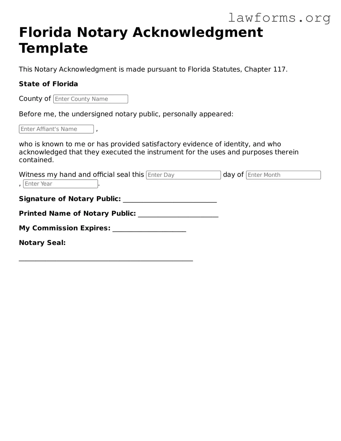 Attorney-Approved Notary Acknowledgement Template for the State of Florida
