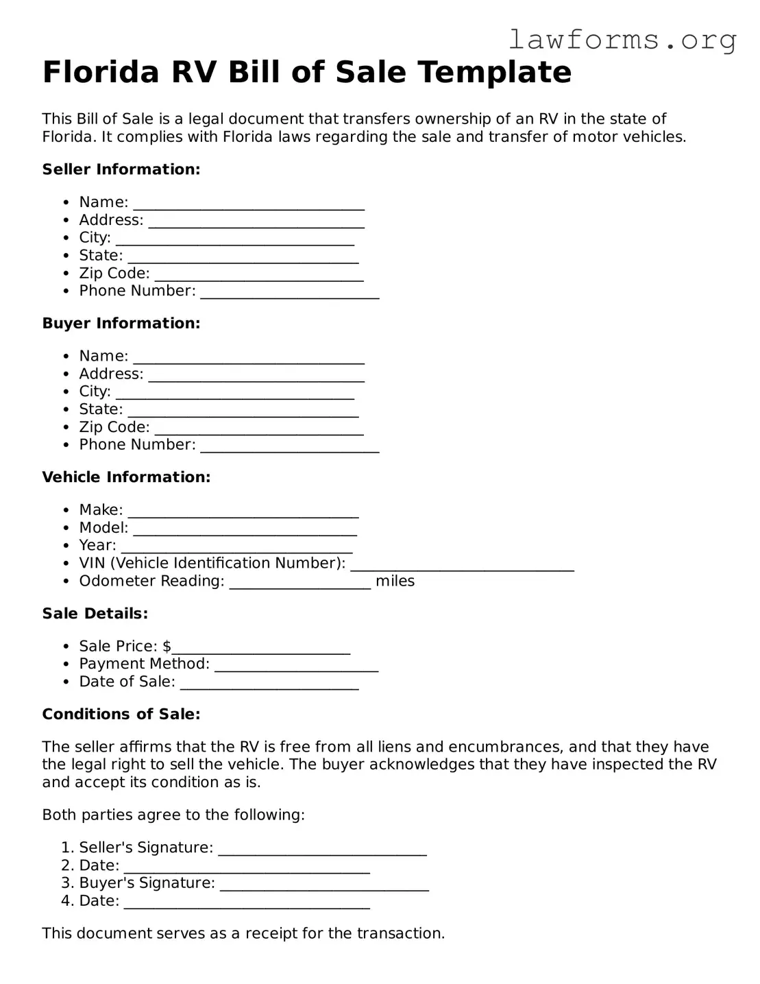 Attorney-Approved RV Bill of Sale Template for the State of Florida