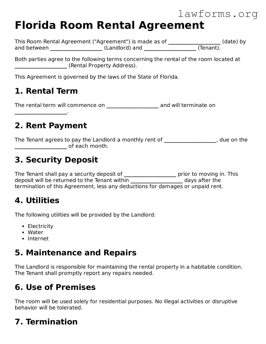 Attorney-Approved Room Rental Agreement Template for the State of Florida