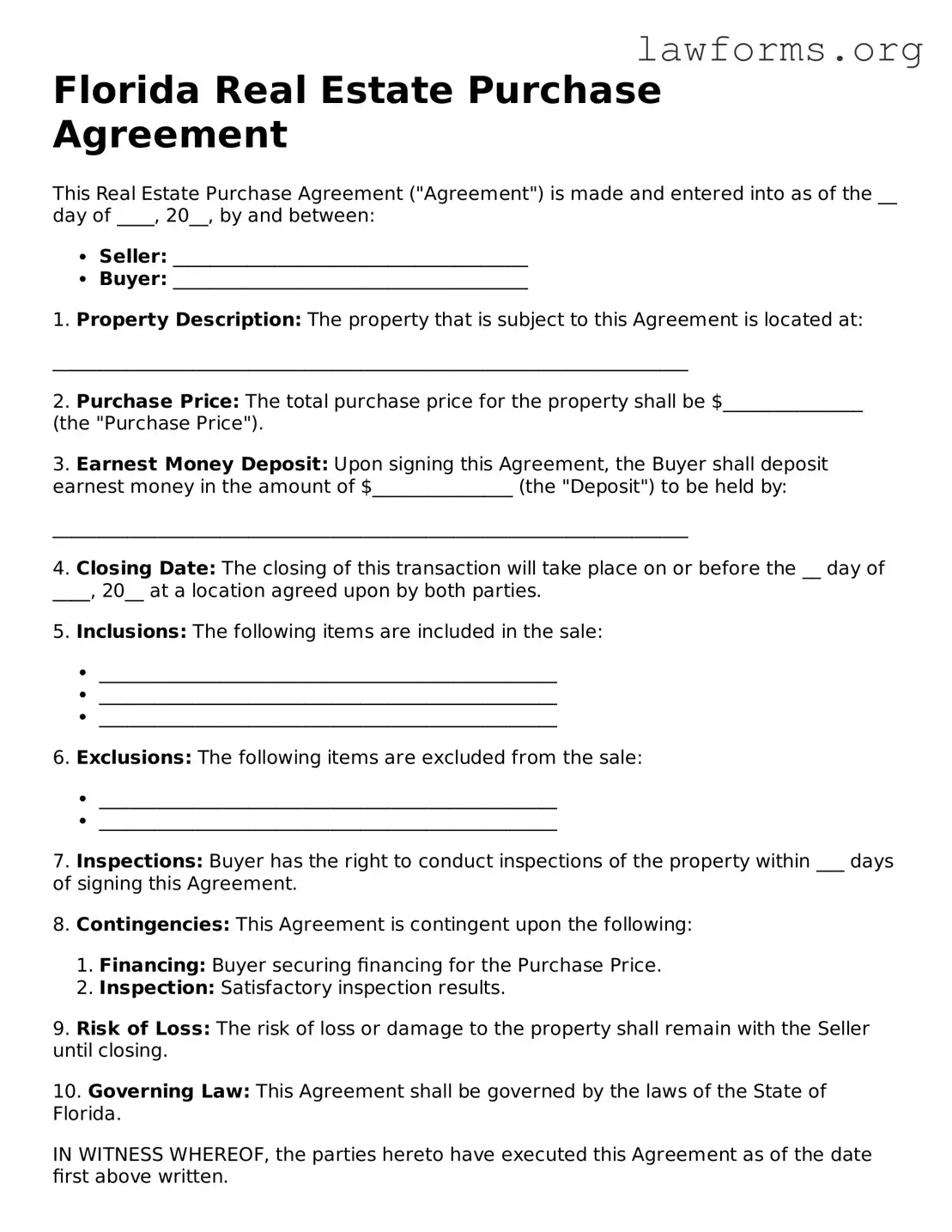 Attorney-Approved Real Estate Purchase Agreement Template for the State of Florida