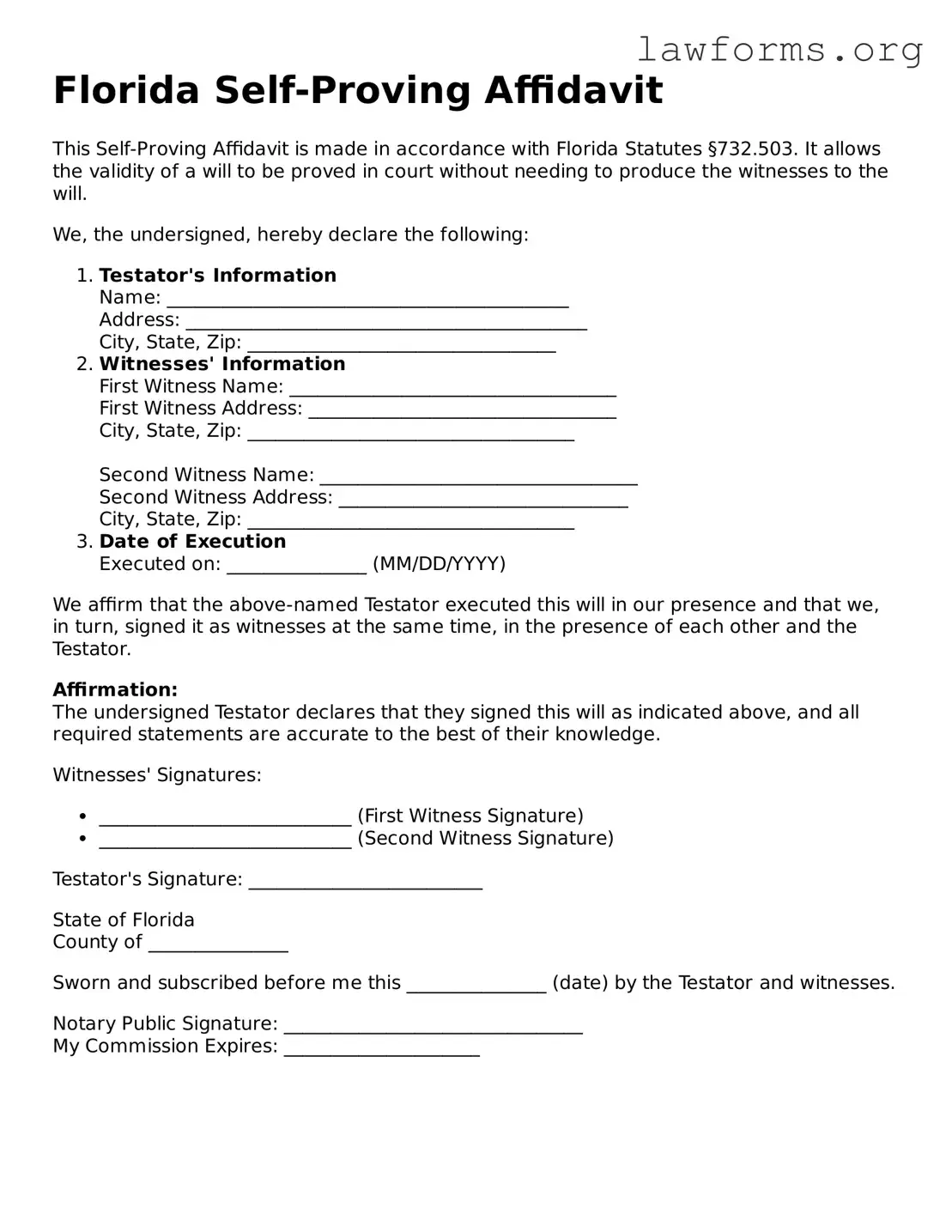 Attorney-Approved Self-Proving Affidavit Template for the State of Florida