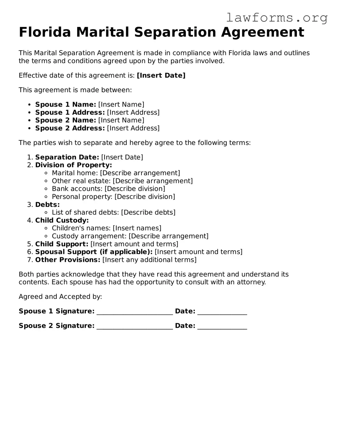 Attorney-Approved Marital Separation Agreement Template for the State of Florida