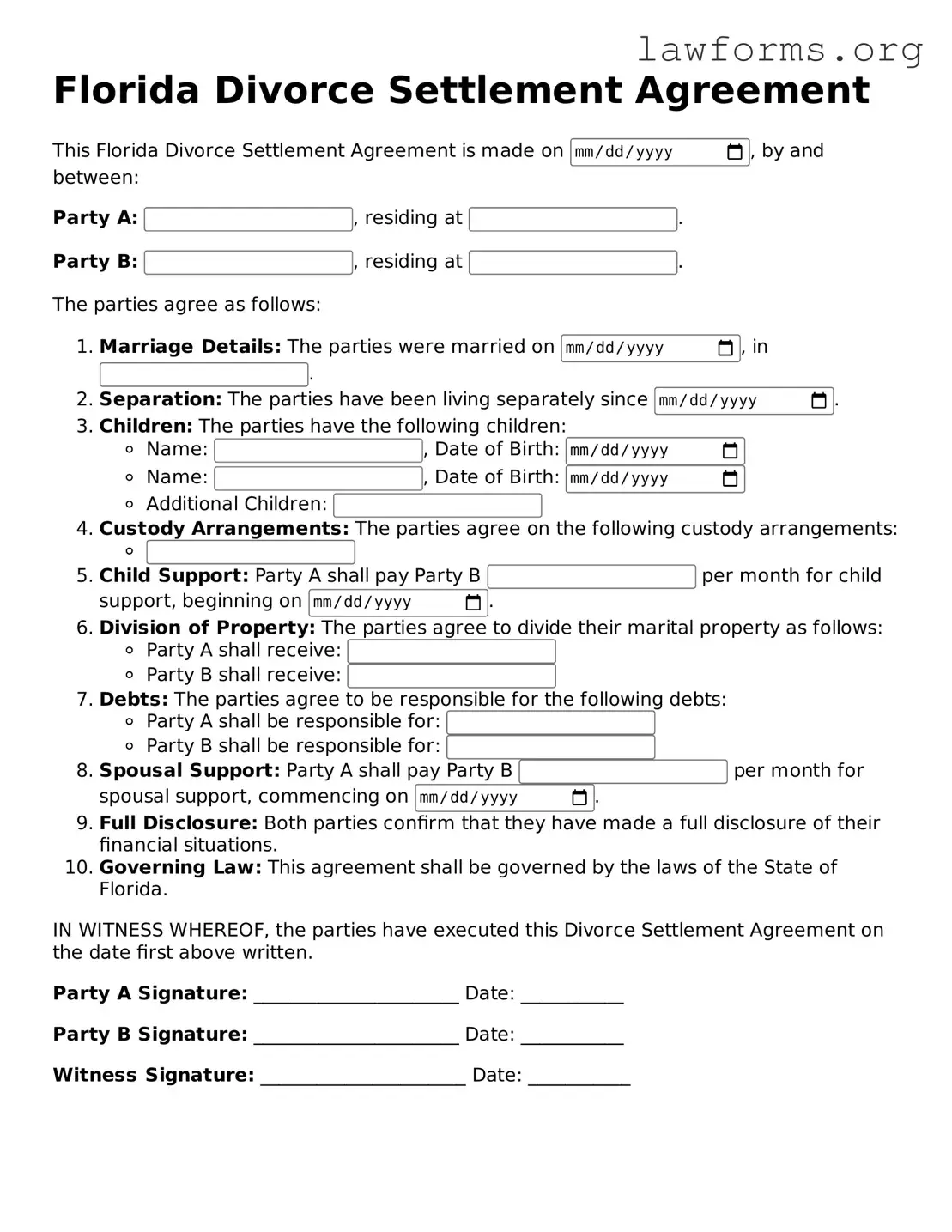 Attorney-Approved Divorce Settlement Agreement Template for the State of Florida