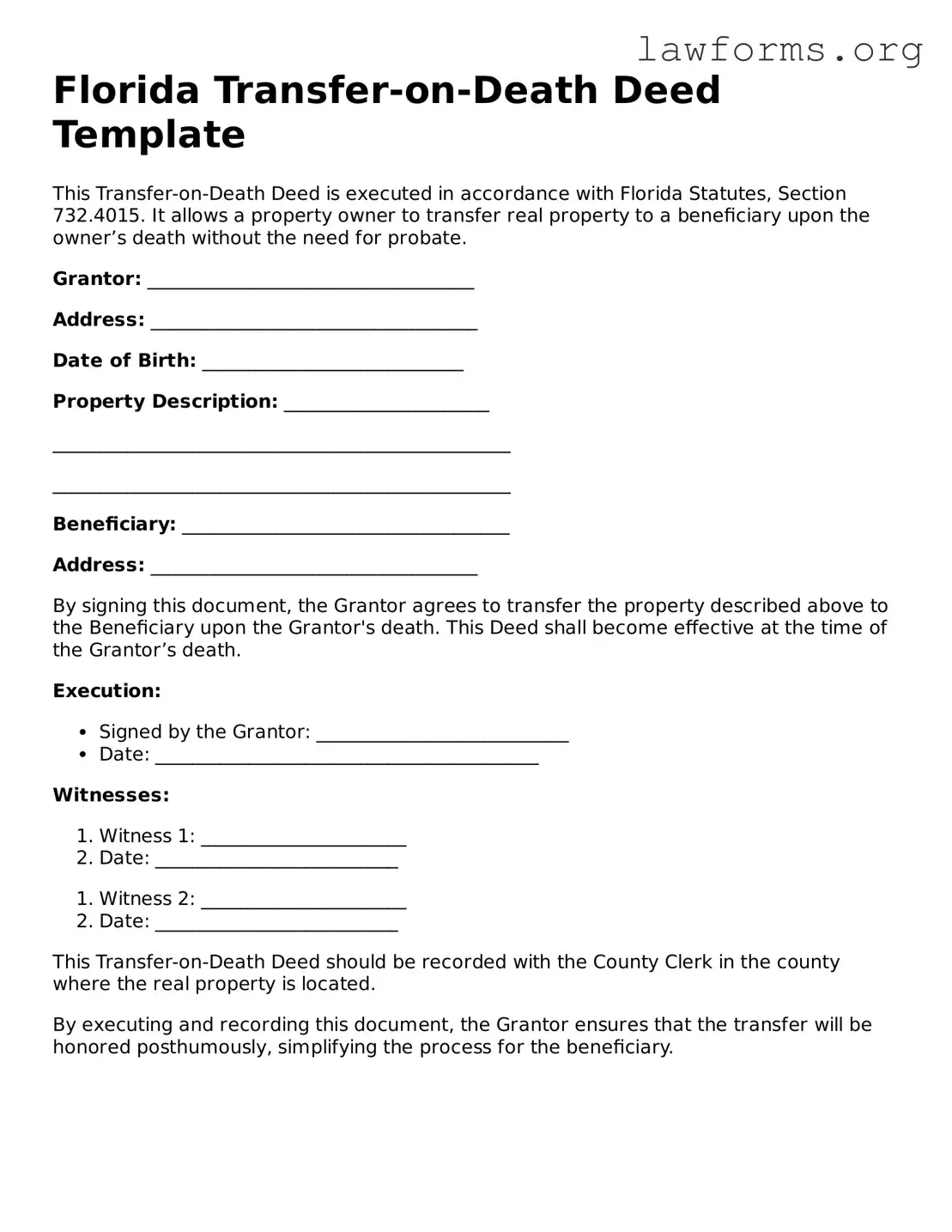 Attorney-Approved Transfer-on-Death Deed Template for the State of Florida