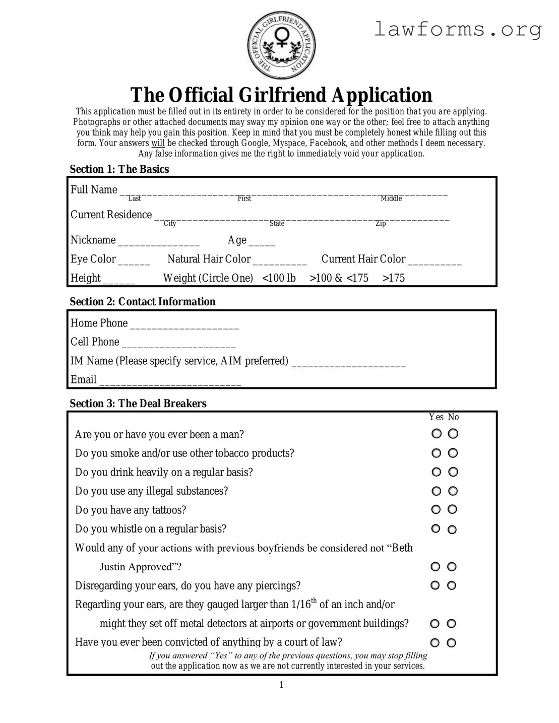 Fill Out a Valid Girlfriend Application Template