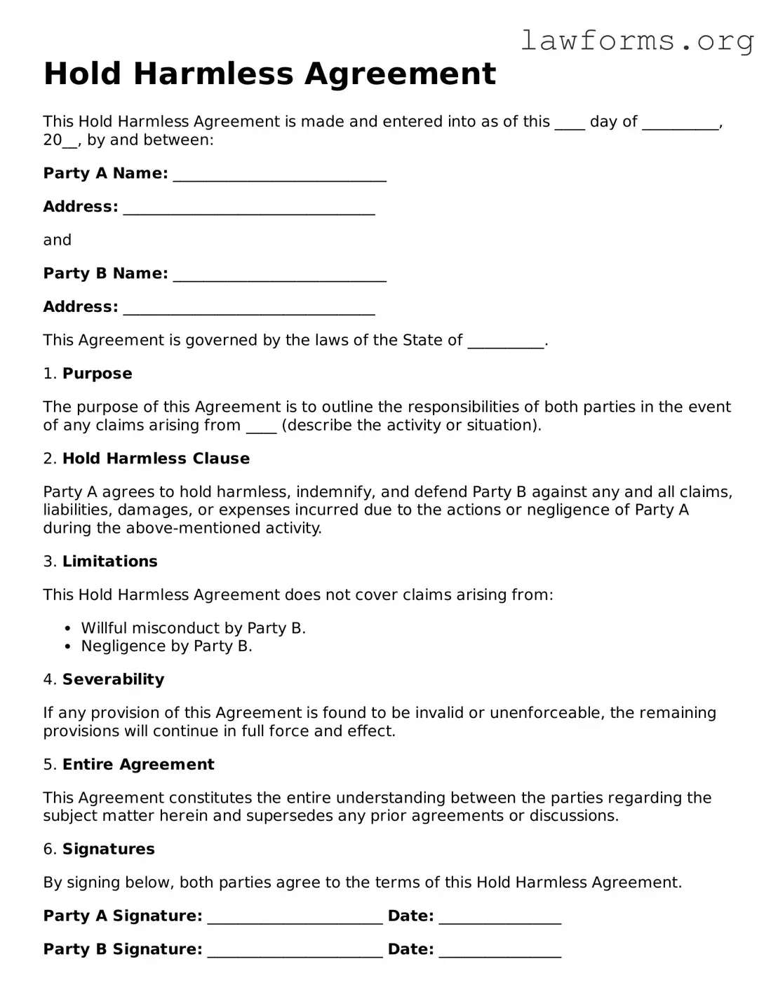 Valid Hold Harmless Agreement Form