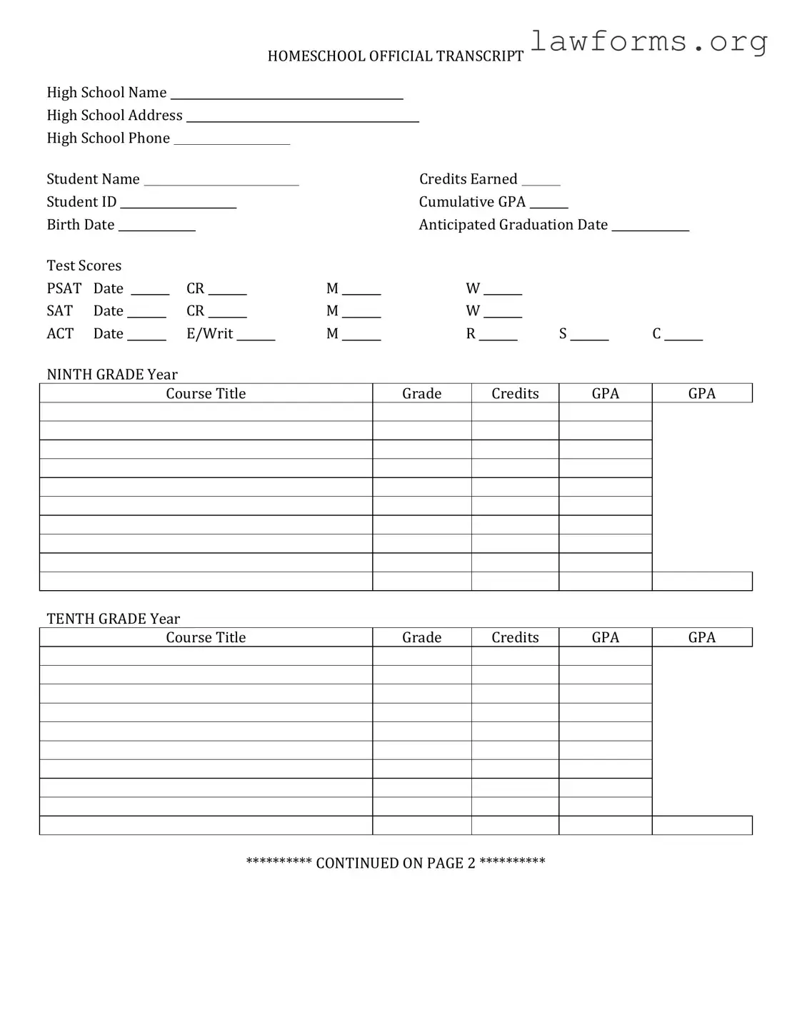Fill Out a Valid High School Transcript Template