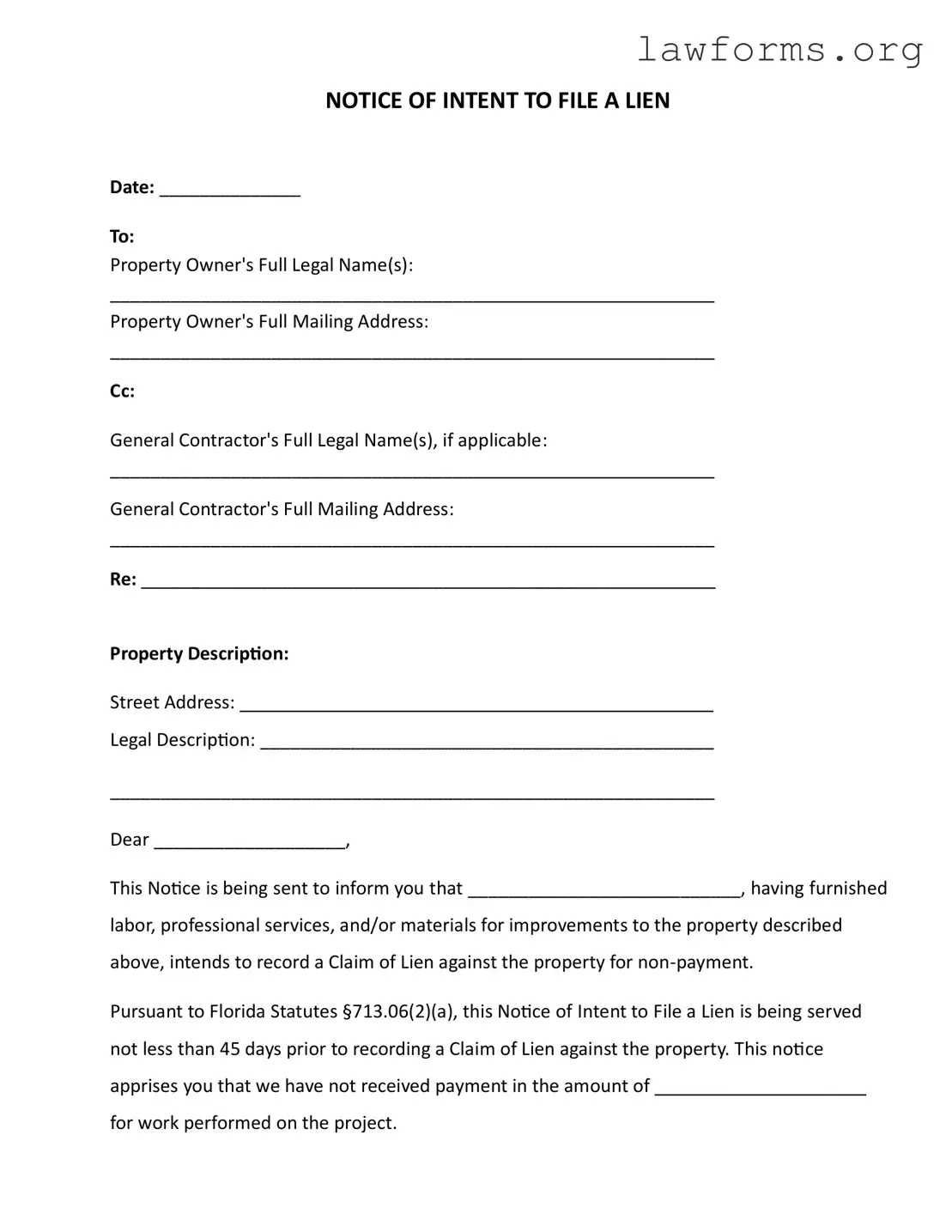 Fill Out a Valid Intent To Lien Florida Template