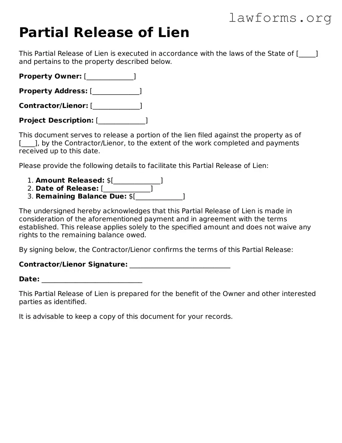 Valid Partial Release of Lien Form